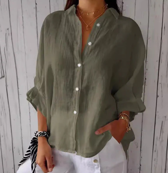 Vrouwelijke Blouse van Katoen met Knoopsluiting Linnen Stijl