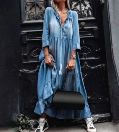 Maxi Jurk V-Hals Grote Zoom Kanten Vintage Look - StudioMarella