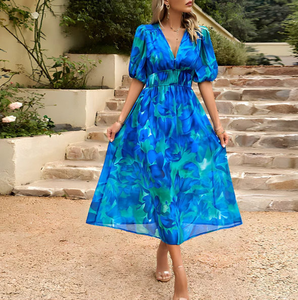 Vrouwelijke Zomerjurk Midi Jurk met V-hals - StudioMarella
