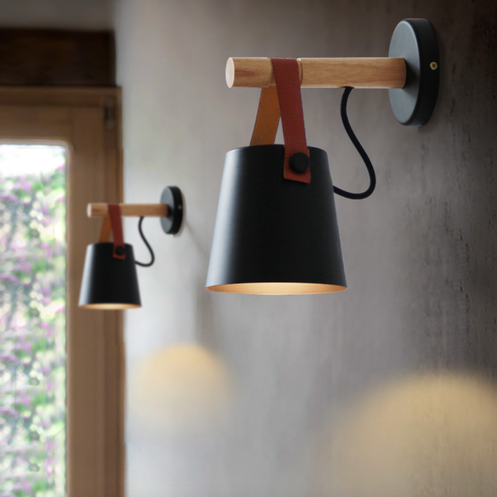 Scandinavische Houten Wandlamp Met Metalen Kap En Leren Band Moderne Design Wandverlichting Voor Slaapkamer Woonkamer Hal Met E27 Fitting