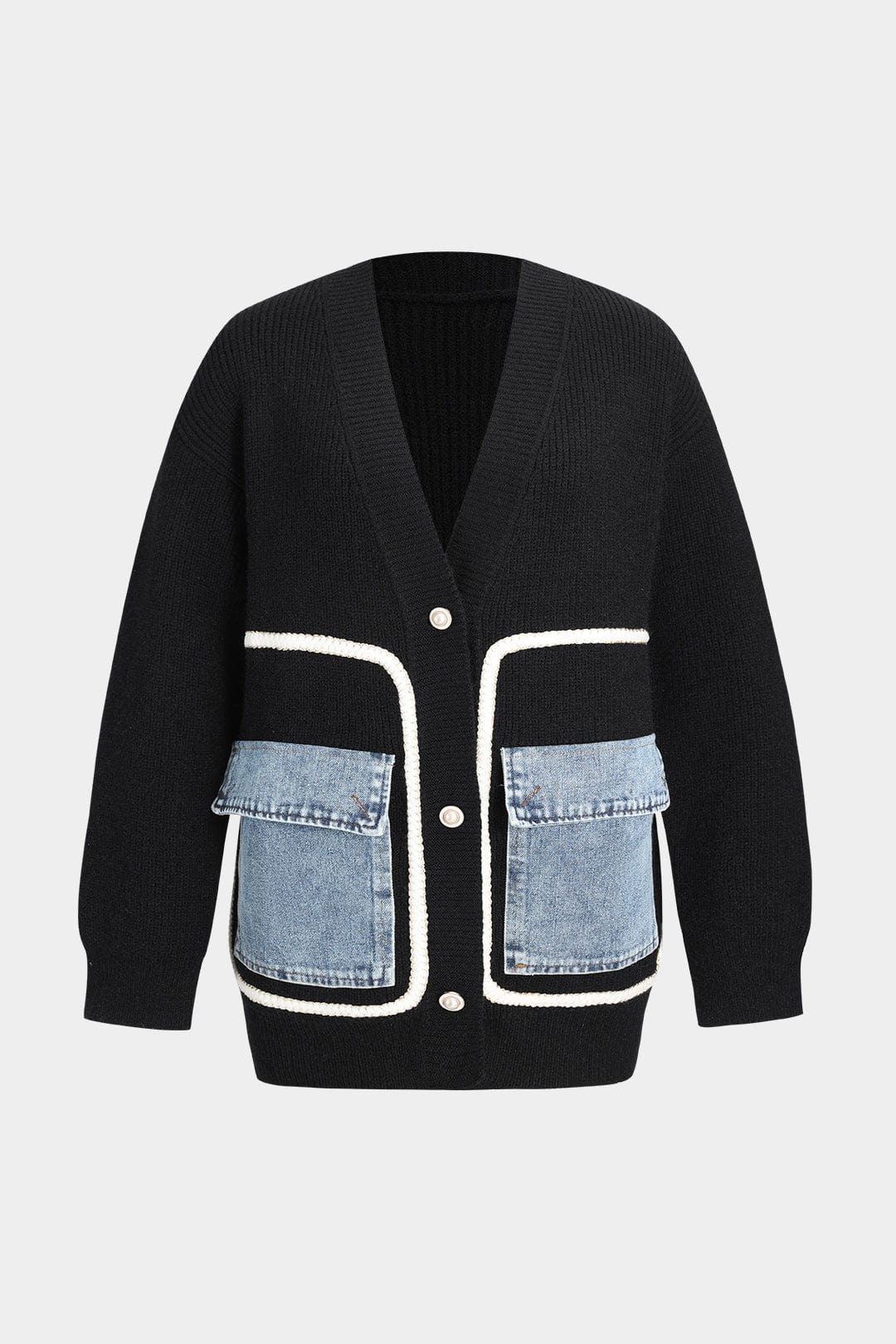 Zwarte Gebreide Cardigan met Jeans Patches wordt: 
Zwarte Cardigan Met Jeans Patches en Gebreide Mouwen - StudioMarella