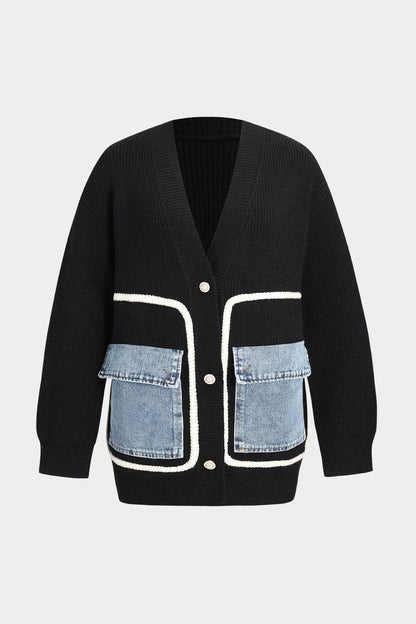 Zwarte Gebreide Cardigan met Jeans Patches wordt: 
Zwarte Cardigan Met Jeans Patches en Gebreide Mouwen - StudioMarella