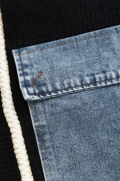 Zwarte Gebreide Cardigan met Jeans Patches wordt: 
Zwarte Cardigan Met Jeans Patches en Gebreide Mouwen