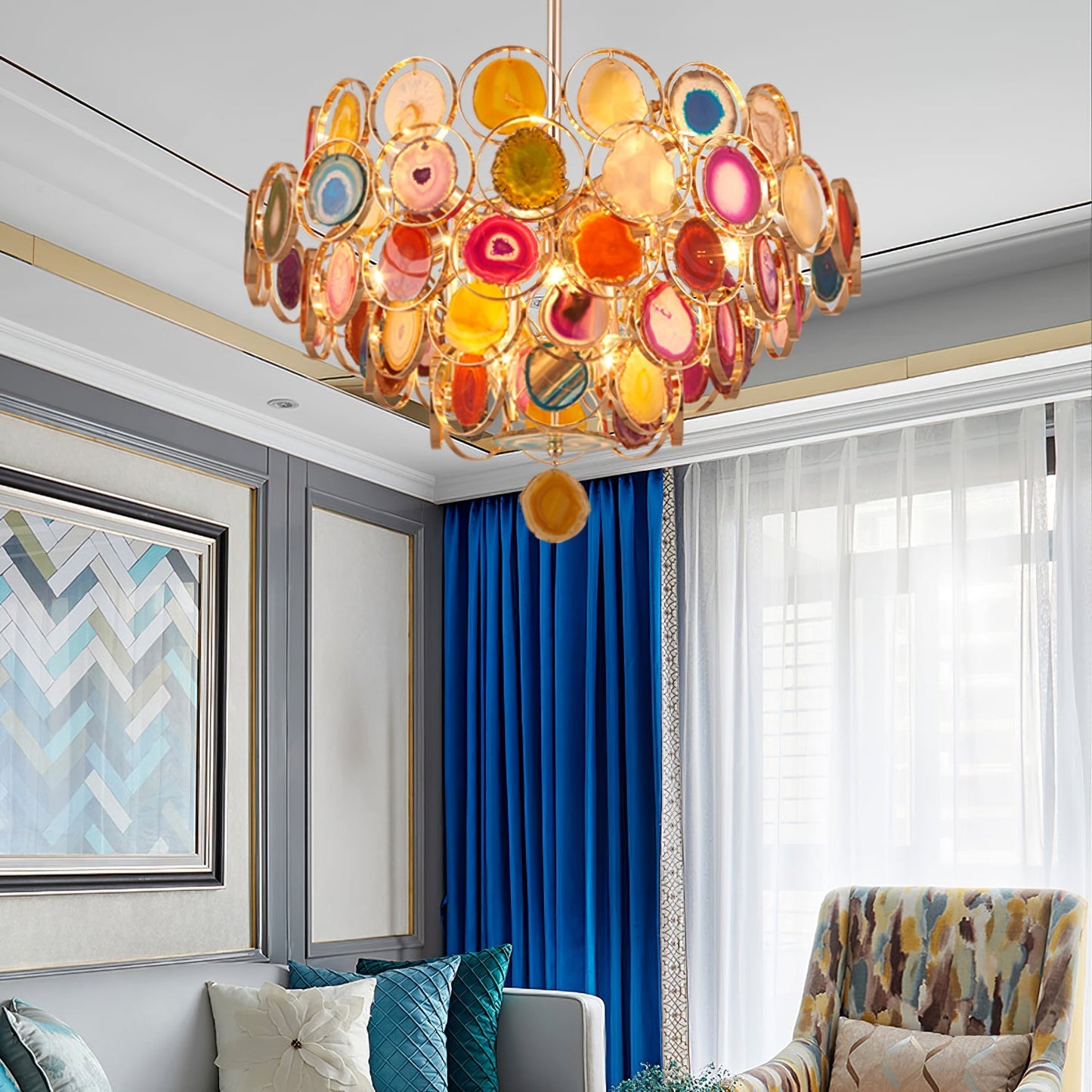 Agaat Kroonluchter – Natuursteen Hanglamp met Goudkleurige Montage – Echt Braziliaans Agaat Verlicht