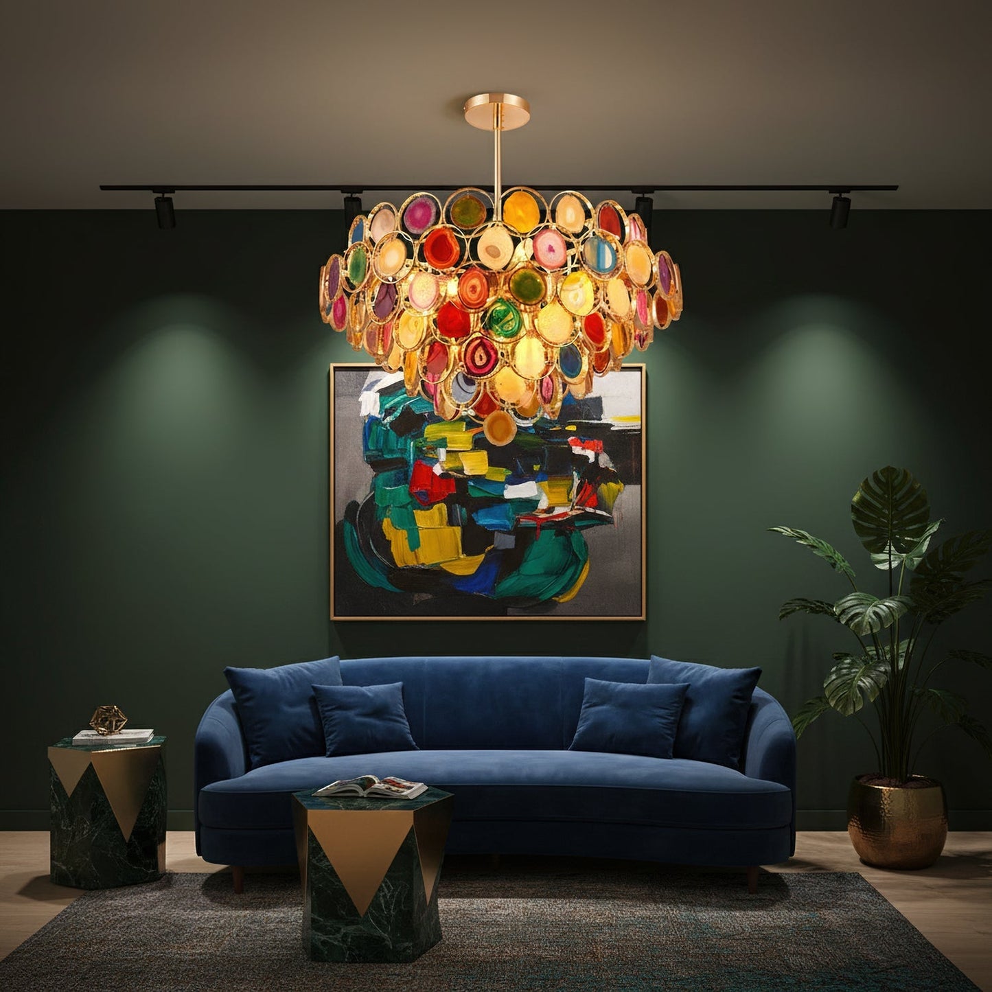 Agaat Kroonluchter – Natuursteen Hanglamp met Goudkleurige Montage – Echt Braziliaans Agaat Verlicht