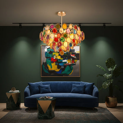 Agaat Kroonluchter – Natuursteen Hanglamp met Goudkleurige Montage – Echt Braziliaans Agaat Verlicht