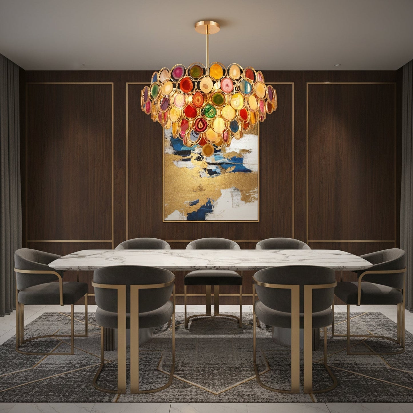 Agaat Kroonluchter – Natuursteen Hanglamp met Goudkleurige Montage – Echt Braziliaans Agaat Verlicht