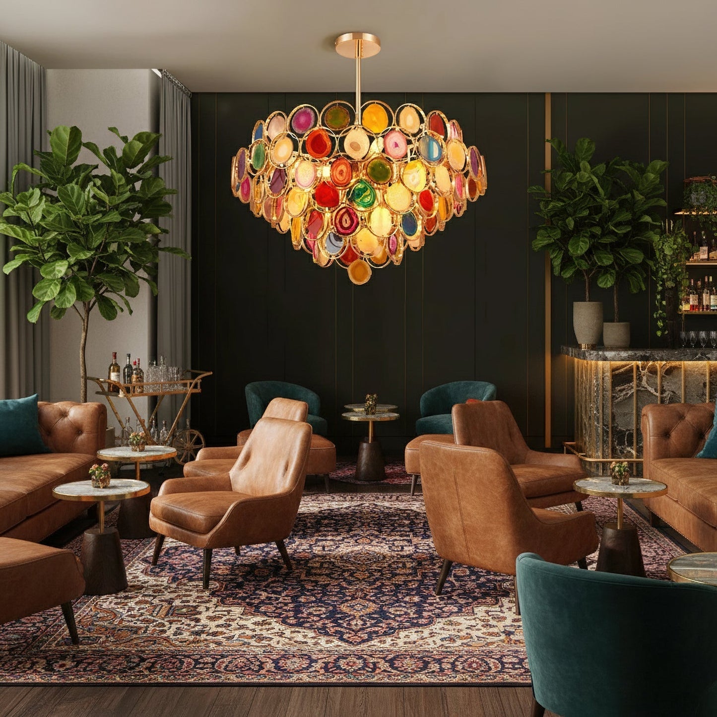 Agaat Kroonluchter – Natuursteen Hanglamp met Goudkleurige Montage – Echt Braziliaans Agaat Verlicht