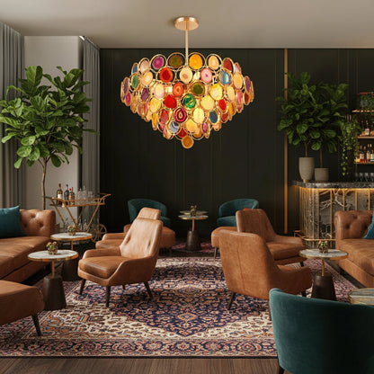 Agaat Kroonluchter – Natuursteen Hanglamp met Goudkleurige Montage – Echt Braziliaans Agaat Verlicht