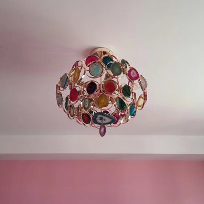 Agaat Kroonluchter – Natuursteen Hanglamp met Goudkleurige Montage – Echt Braziliaans Agaat Verlicht