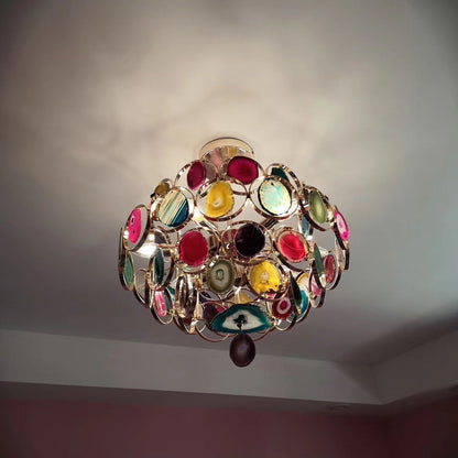 Agaat Kroonluchter – Natuursteen Hanglamp met Goudkleurige Montage – Echt Braziliaans Agaat Verlicht