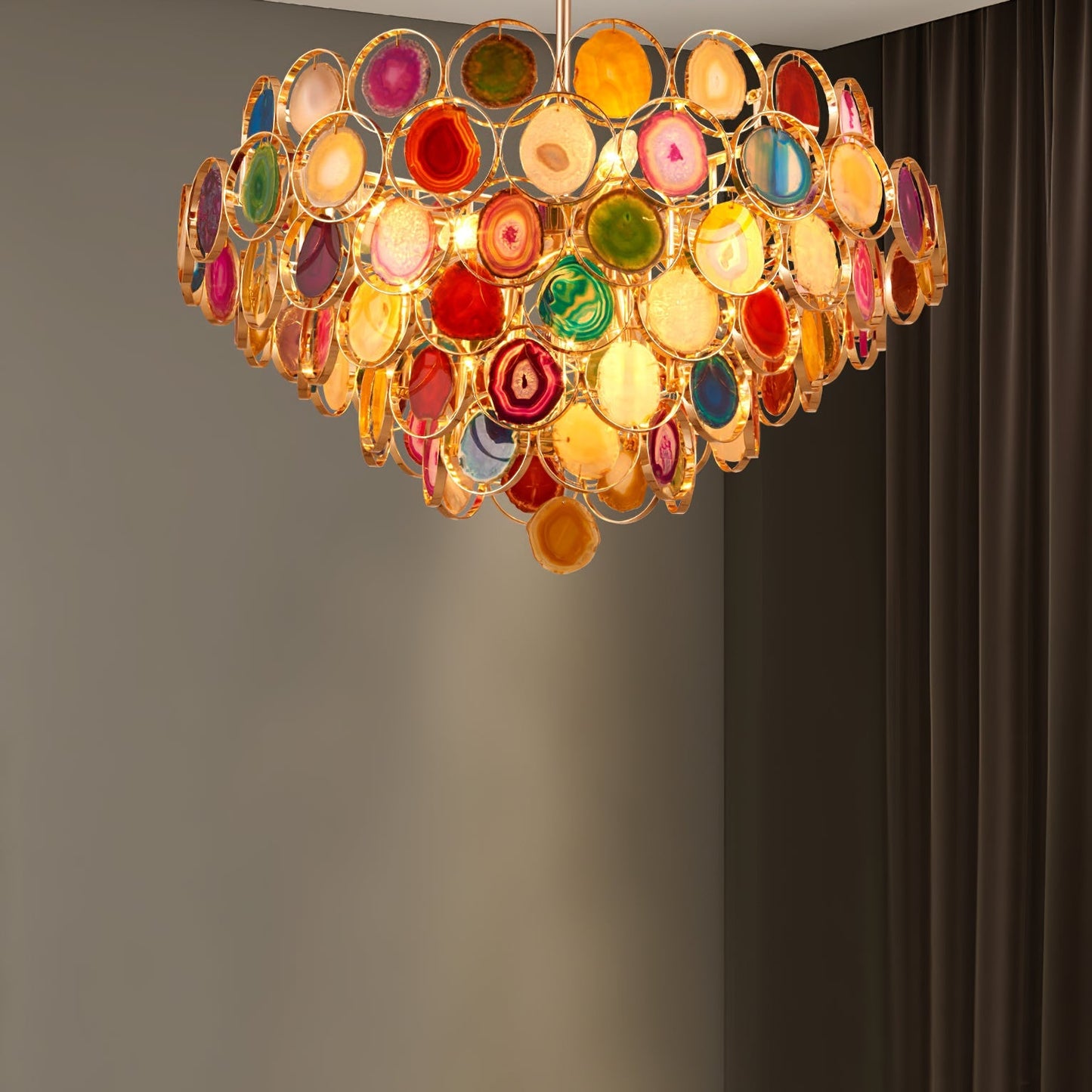 Agaat Kroonluchter – Natuursteen Hanglamp met Goudkleurige Montage – Echt Braziliaans Agaat Verlicht