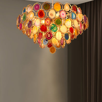 Agaat Kroonluchter – Natuursteen Hanglamp met Goudkleurige Montage – Echt Braziliaans Agaat Verlicht