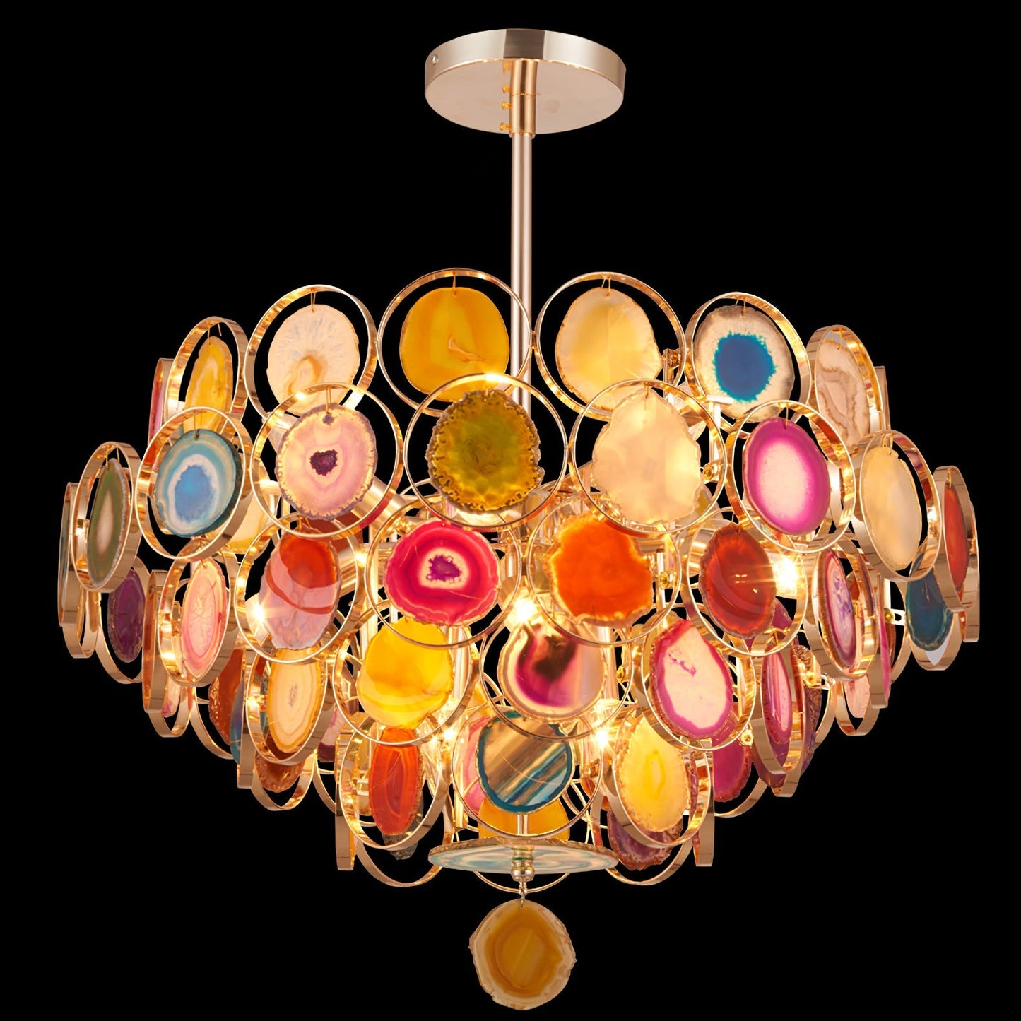 Agaat Kroonluchter – Natuursteen Hanglamp met Goudkleurige Montage – Echt Braziliaans Agaat Verlicht