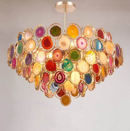 Agaat Kroonluchter – Natuursteen Hanglamp met Goudkleurige Montage – Echt Braziliaans Agaat Verlicht