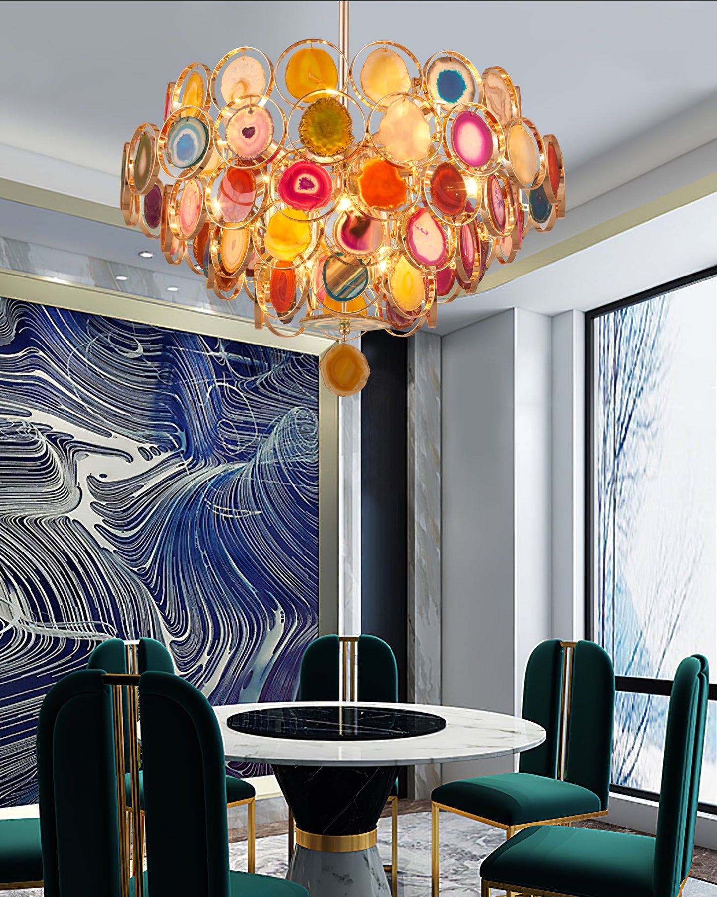 Agaat Kroonluchter – Natuursteen Hanglamp met Goudkleurige Montage – Echt Braziliaans Agaat Verlicht
