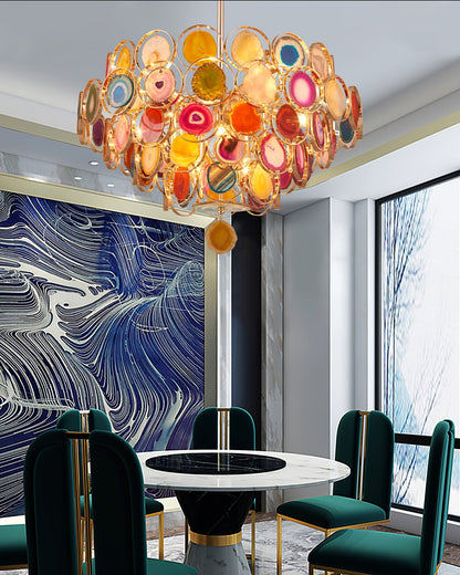 Agaat Kroonluchter – Natuursteen Hanglamp met Goudkleurige Montage – Echt Braziliaans Agaat Verlicht