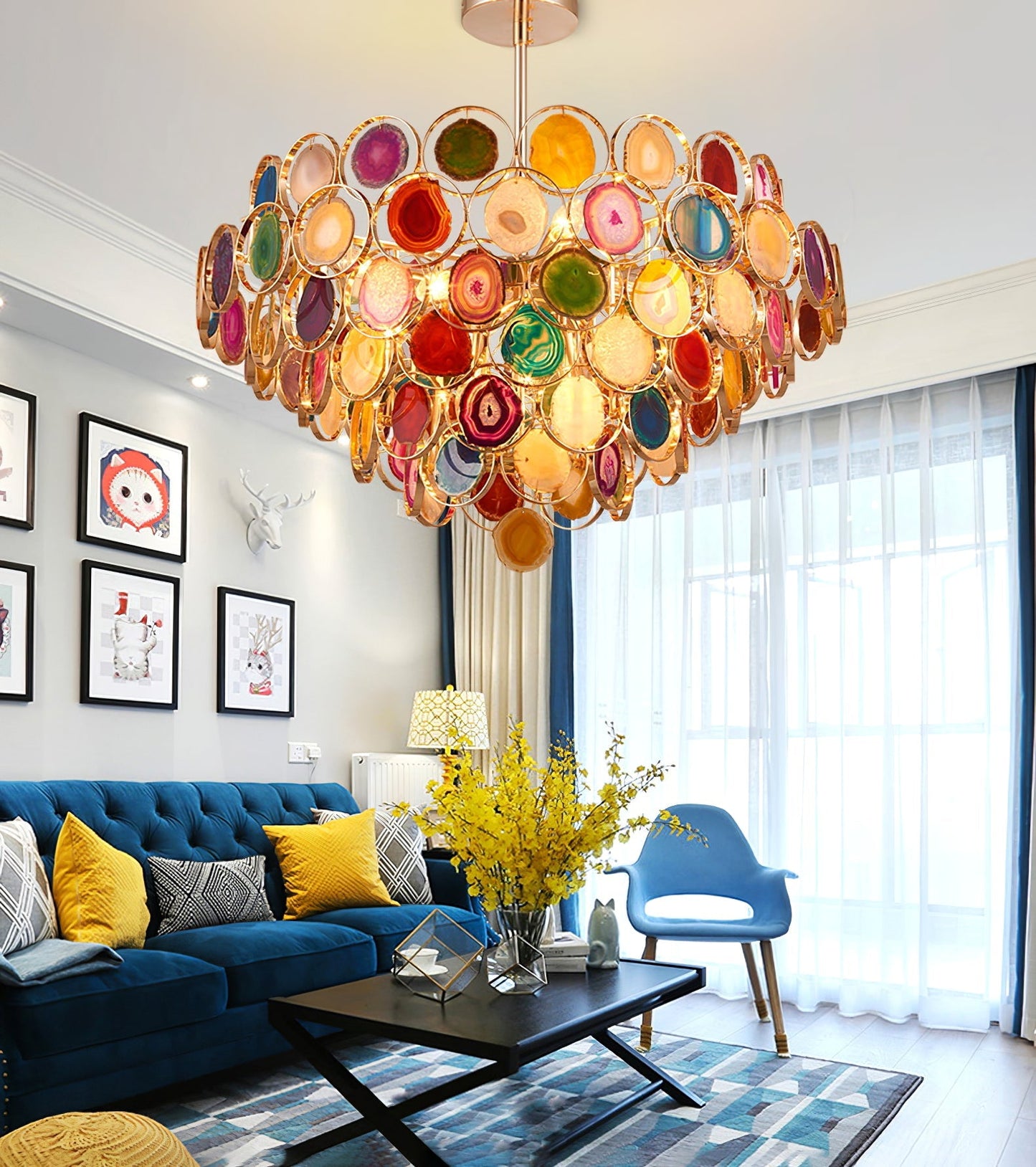 Agaat Kroonluchter – Natuursteen Hanglamp met Goudkleurige Montage – Echt Braziliaans Agaat Verlicht