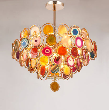 Agaat Kroonluchter – Natuursteen Hanglamp met Goudkleurige Montage – Echt Braziliaans Agaat Verlicht