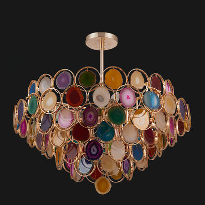 Agaat Kroonluchter – Natuursteen Hanglamp met Goudkleurige Montage – Echt Braziliaans Agaat Verlicht