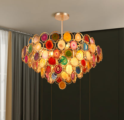 Agaat Kroonluchter – Natuursteen Hanglamp met Goudkleurige Montage – Echt Braziliaans Agaat Verlicht