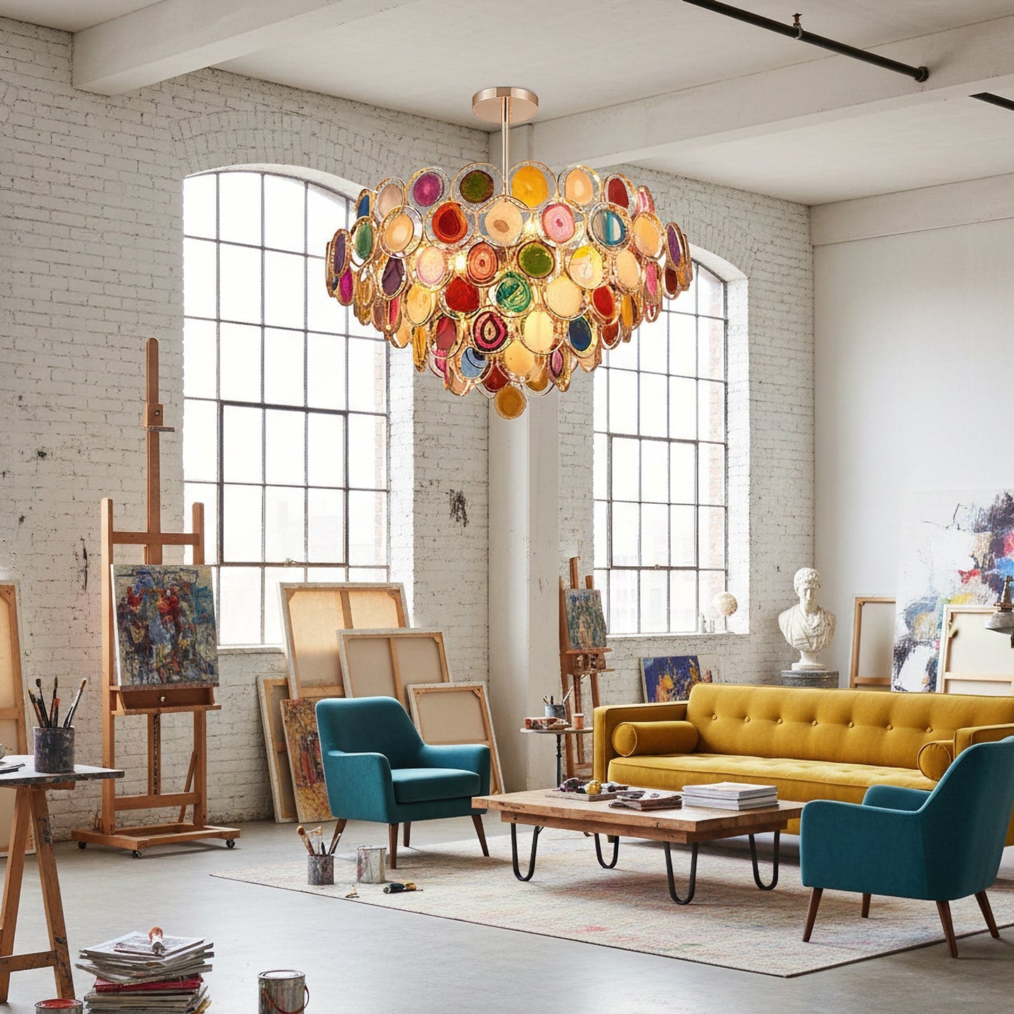 Agaat Kroonluchter – Natuursteen Hanglamp met Goudkleurige Montage – Echt Braziliaans Agaat Verlicht