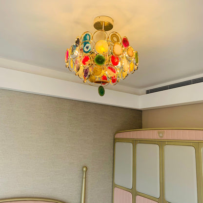 Agaat Kroonluchter – Natuursteen Hanglamp met Goudkleurige Montage – Echt Braziliaans Agaat Verlicht