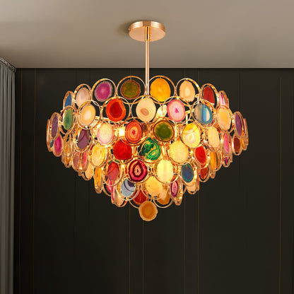 Agaat Kroonluchter – Natuursteen Hanglamp met Goudkleurige Montage – Echt Braziliaans Agaat Verlicht