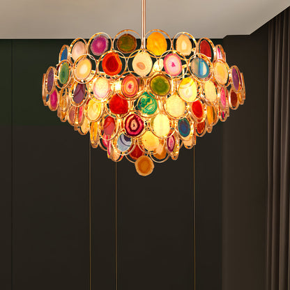 Agaat Kroonluchter – Natuursteen Hanglamp met Goudkleurige Montage – Echt Braziliaans Agaat Verlicht