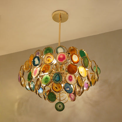 Agaat Kroonluchter – Natuursteen Hanglamp met Goudkleurige Montage – Echt Braziliaans Agaat Verlicht