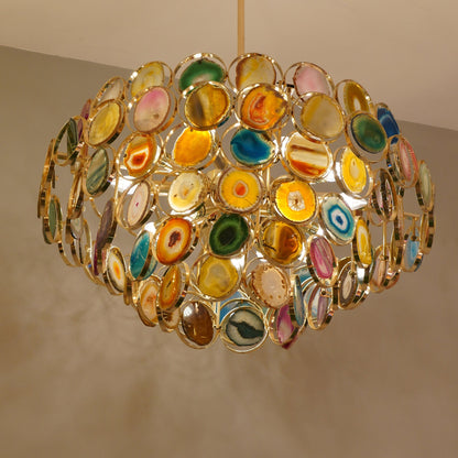 Agaat Kroonluchter – Natuursteen Hanglamp met Goudkleurige Montage – Echt Braziliaans Agaat Verlicht