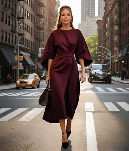 Midi-Jurk met Lantaarnmouwen en Elegante Taille