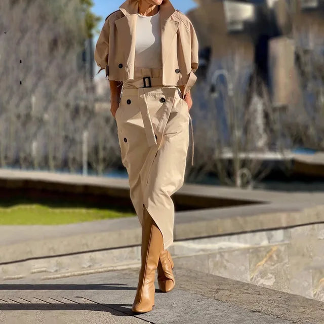 Jurk Set met Knoopriem en Splitrok Elegante Luxe Stijl