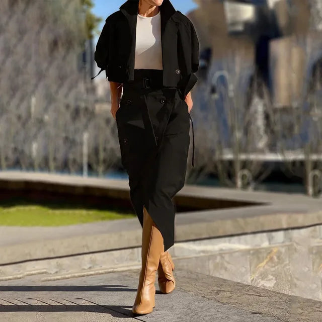 Jurk Set met Knoopriem en Splitrok Elegante Luxe Stijl
