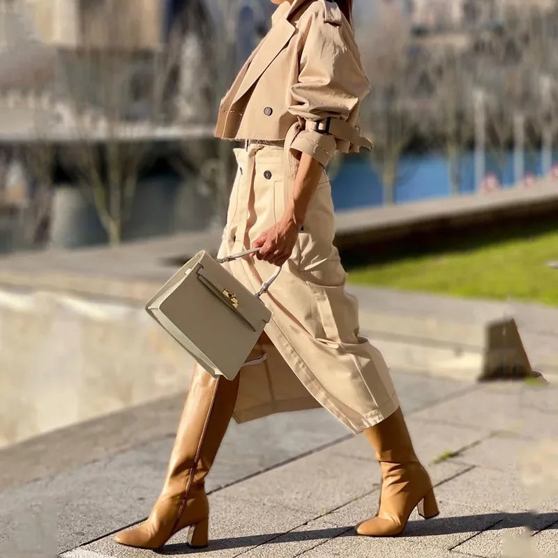 Jurk Set met Knoopriem en Splitrok Elegante Luxe Stijl