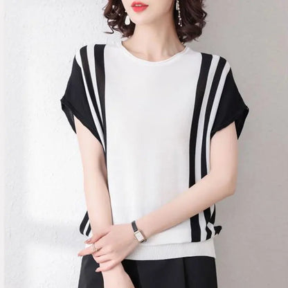 Lichte Zomertrui voor Dames Gestreept Patchwork Stijl