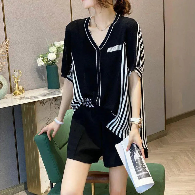 Losse V-hals Hemden met Streepjes Casual Stijl - StudioMarella