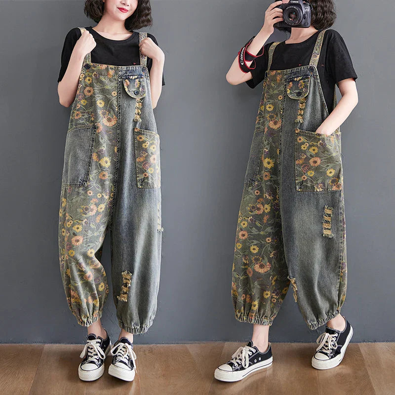 Dames Denim Overalls Bloemenprint Zomerse Stijl