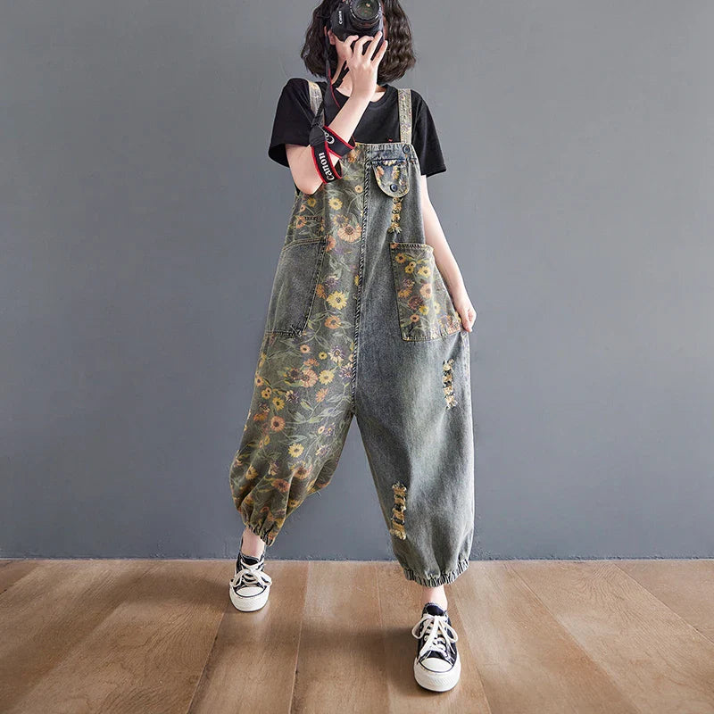 Dames Denim Overalls Bloemenprint Zomerse Stijl