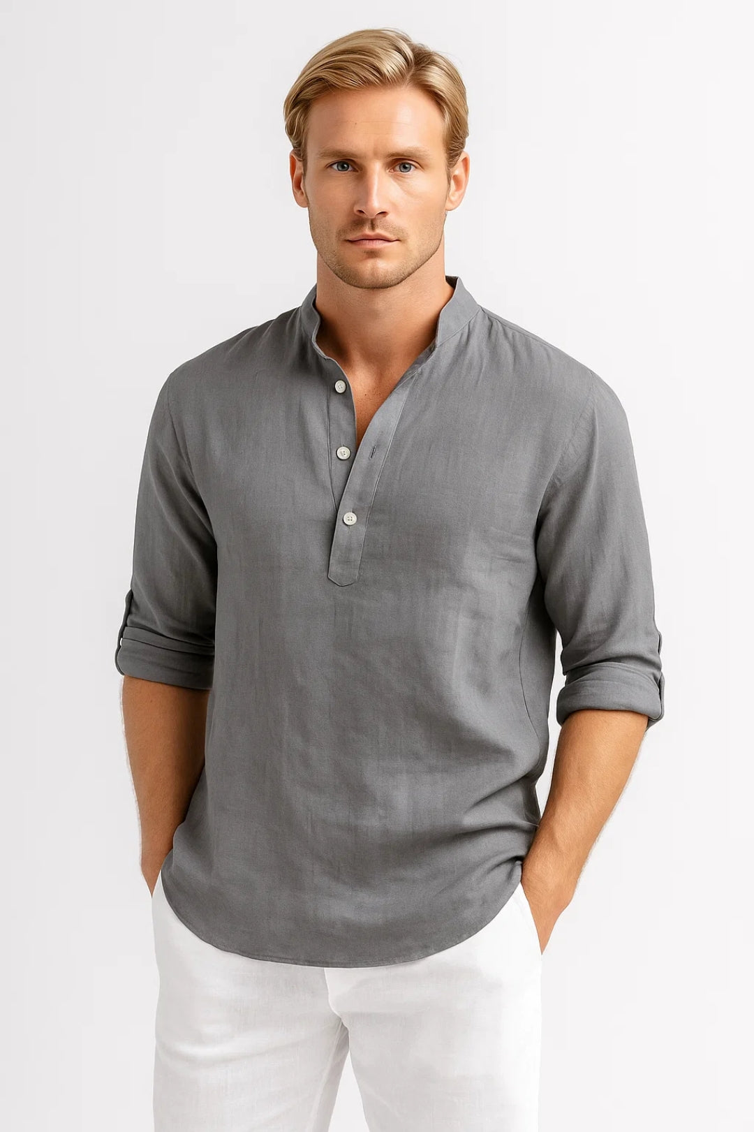 Heren Blouse met Opstaande Kraag Comfortabel Losse Pasvorm - StudioMarella