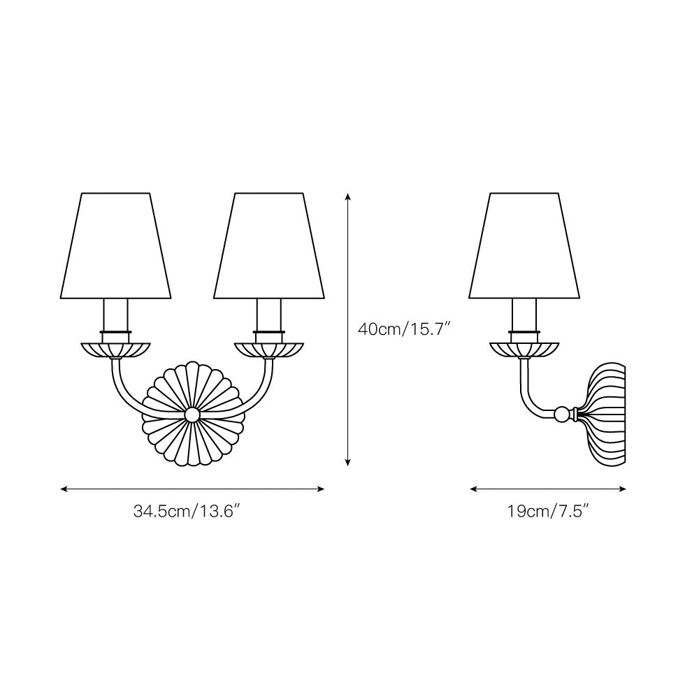 Luxe dubbele wandlamp met stoffen kap en antiek goud bladgoud afwerking voor hal en woonkamer