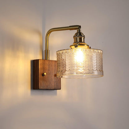 Elegante Wandlamp Groen met Houten Basis & Glazen Kap – Uniek Schubbenmotief voor Sfeervolle Verlichting