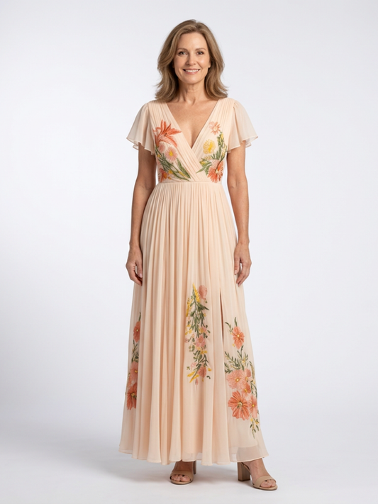 Dames Maxi Jurk met V-hals en Geplooide Rok van Ademend Materiaal - StudioMarella