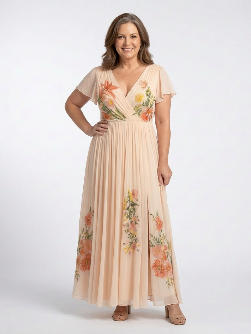 Celia Dames Maxi Jurk | V-hals, Geplooide Rok, Ademend Materiaal 2