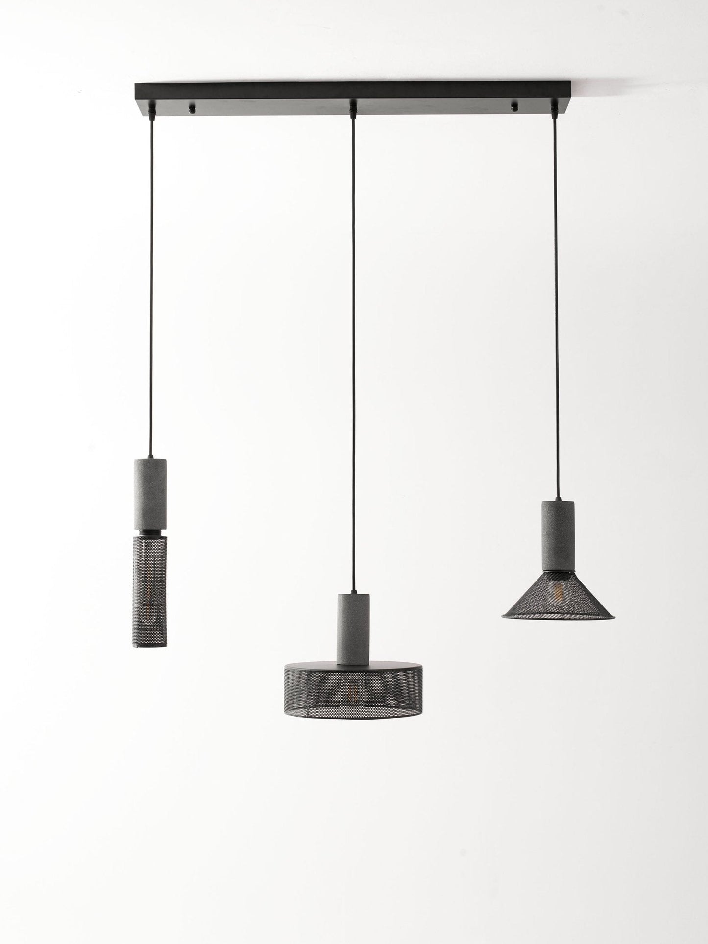 Industriële Hanglamp met Cement & Zwart Mesh — 6 Vormen