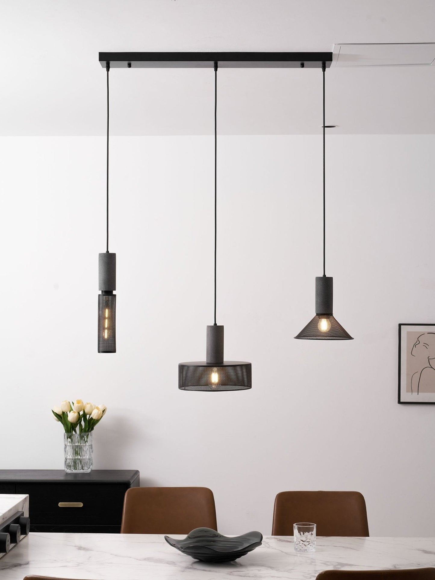 Industriële Hanglamp met Cement & Zwart Mesh — 6 Vormen