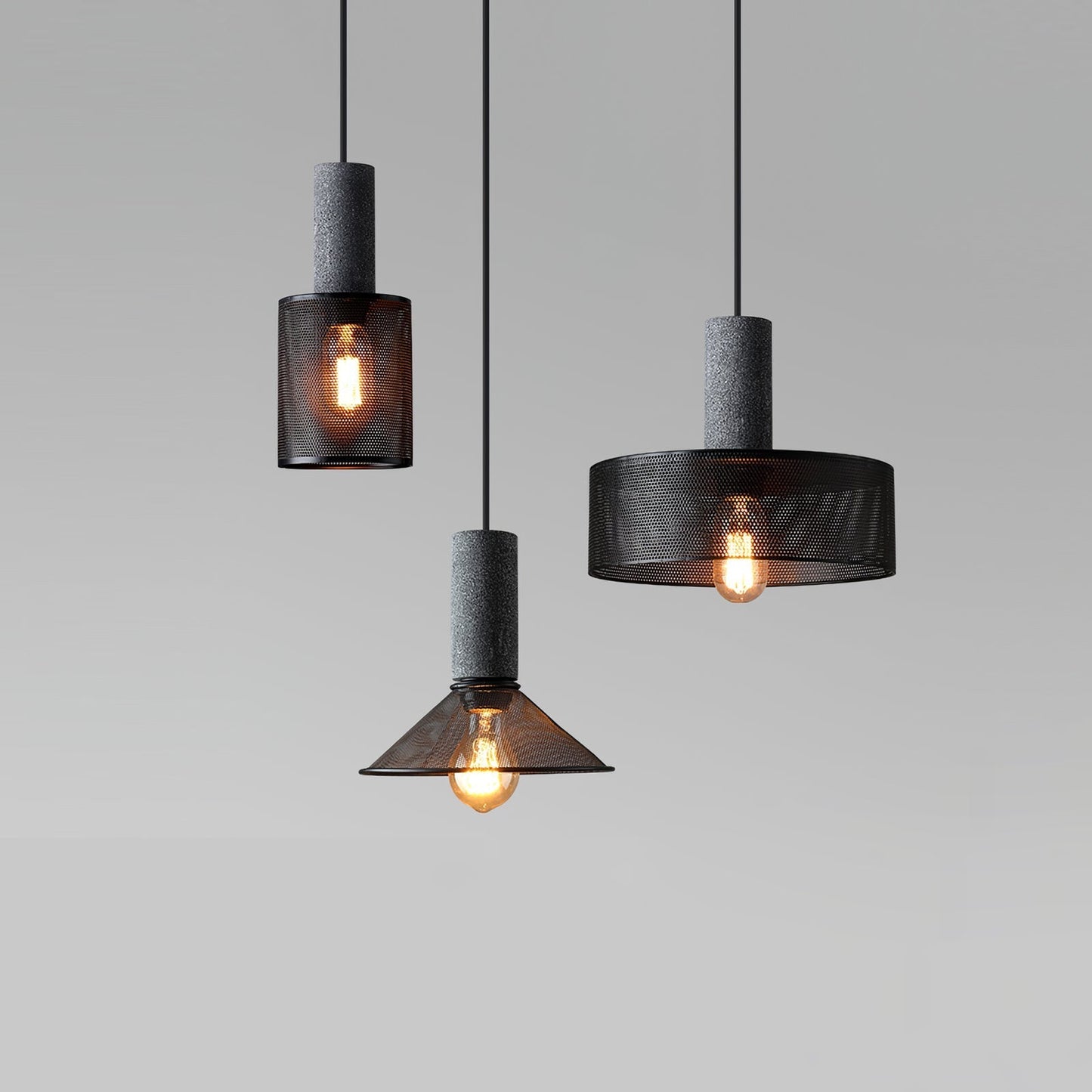 Industriële Hanglamp met Cement & Zwart Mesh — 6 Vormen