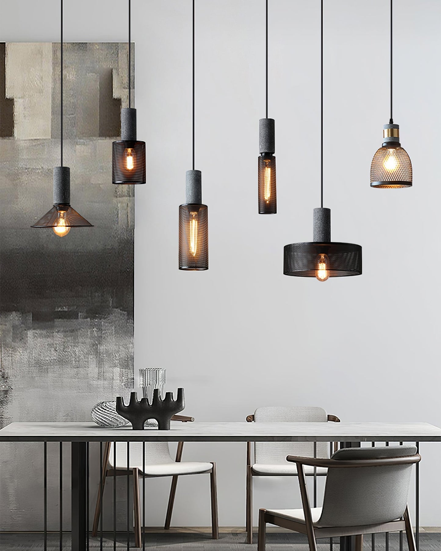 Industriële Hanglamp met Cement & Zwart Mesh — 6 Vormen