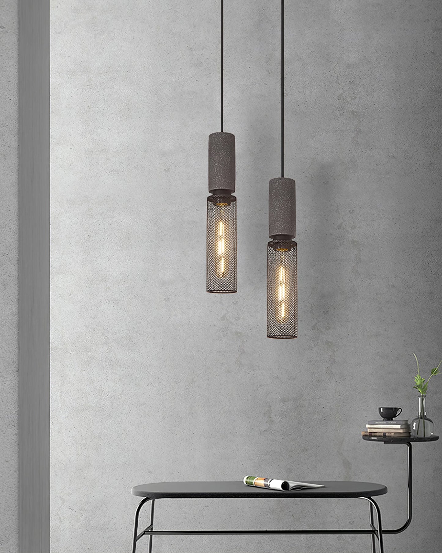 Industriële Hanglamp met Cement & Zwart Mesh — 6 Vormen