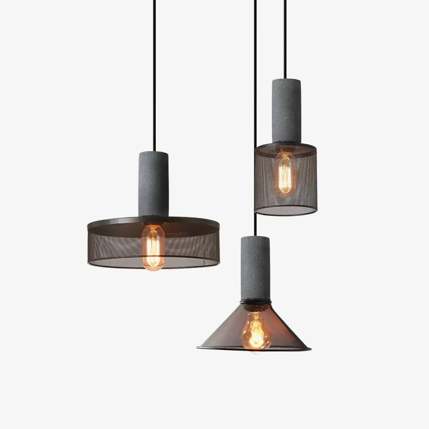 Industriële Hanglamp met Cement & Zwart Mesh — 6 Vormen